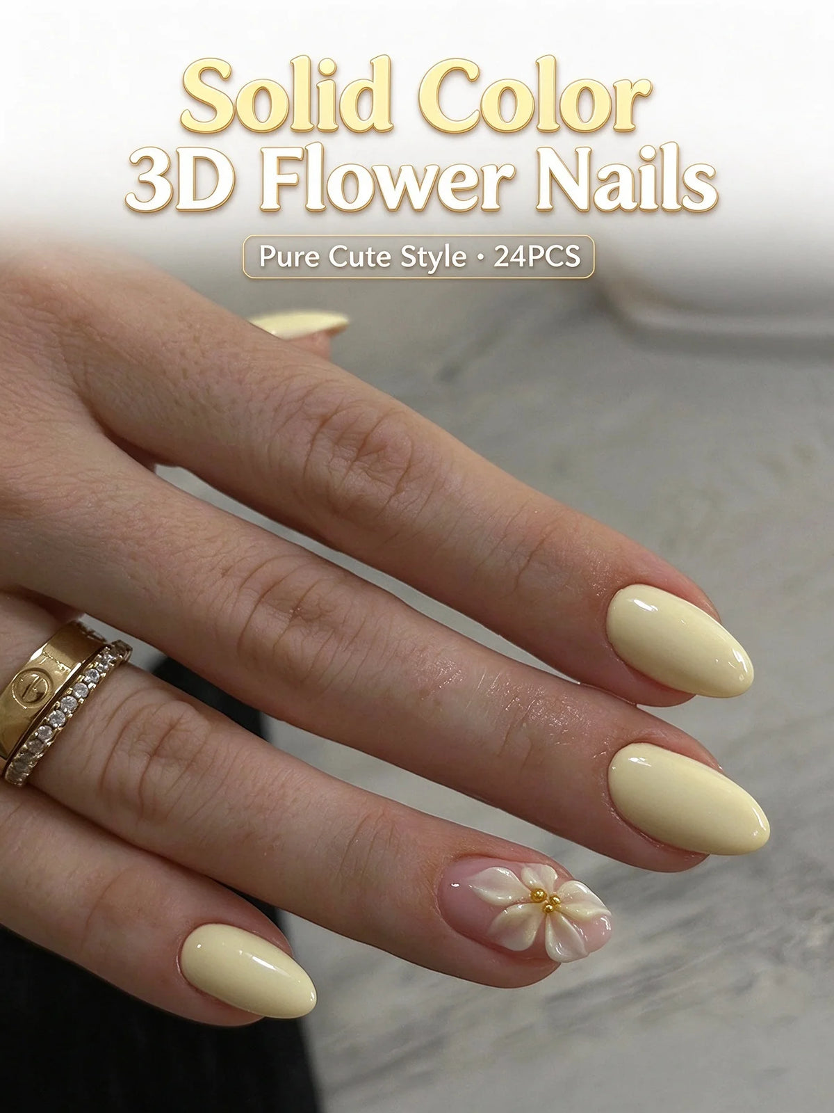 24-piece almond-shaped French yellow press-on false nails with 3D stereo flower design by HSF Marketplace