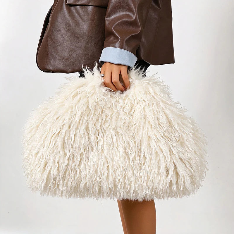 Women’s faux fur clutch bag with kisslock frame, large capacity winter purse, fuzzy warm handbag for parties and elegant occasions.
