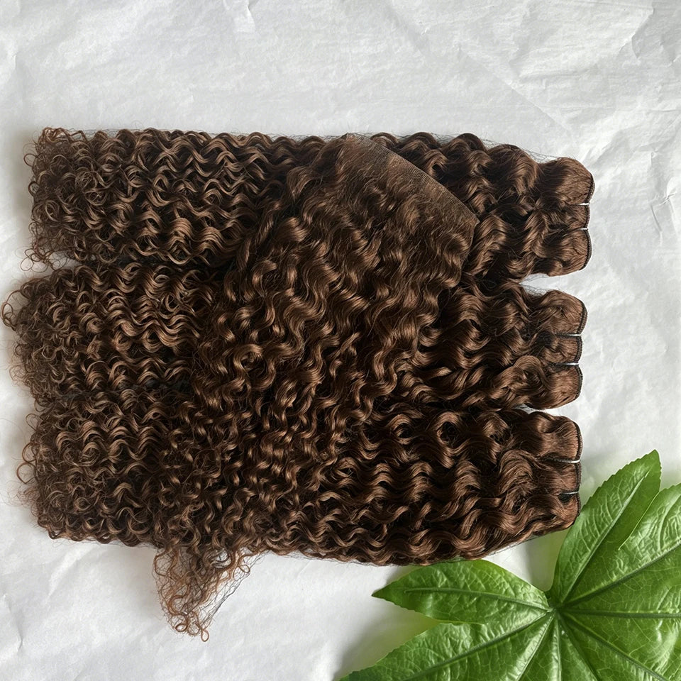 Chocolate brown human hair bundles with HD transparent lace closure, showcasing wet and wavy deep curly wave texture.