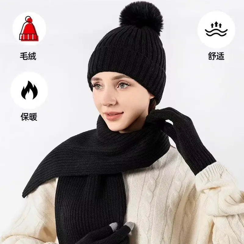 Warm knitted plush gloves, hat, and scarf winter set by HSF Marketplace