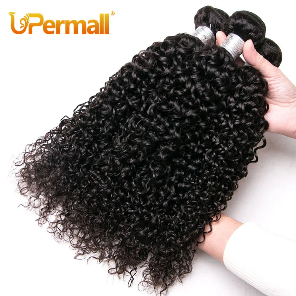 Upermall 3/4 Brazilian Remy Kinky Curly Human Hair Bundles With Closure HD Transparent 4x4 Lace Closure and Weave Extension Soft