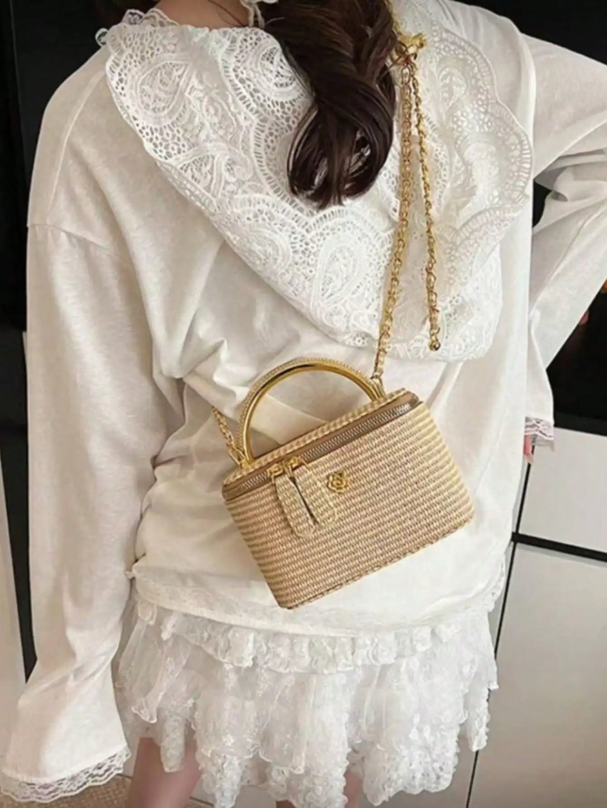 Minimalist woven straw lunch box bag with chain strap, HSF Marketplace handbag-style purse
