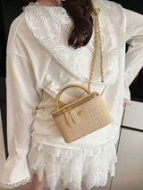 Minimalist woven straw lunch box bag with chain strap, HSF Marketplace handbag-style purse
