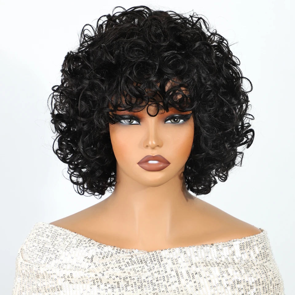 Pixie curly human hair wig with highlights, short Jerry curl style, glueless Brazilian Remy bouncy curly bob for women