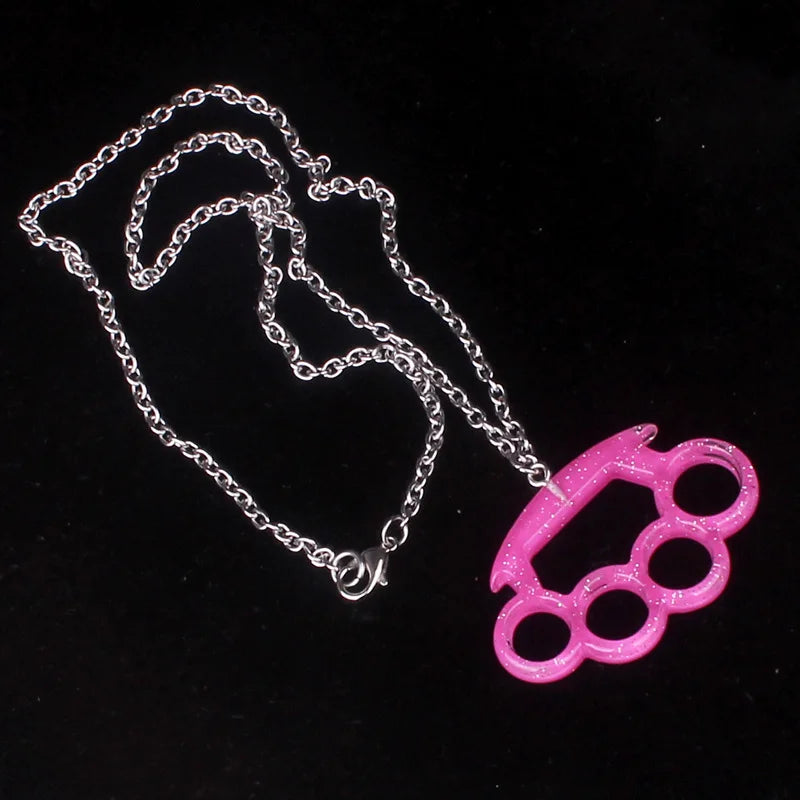 Resin four-finger boxing glove pendant necklace with metal chain, fashionable jewelry for women, new HSF Marketplace accessory.