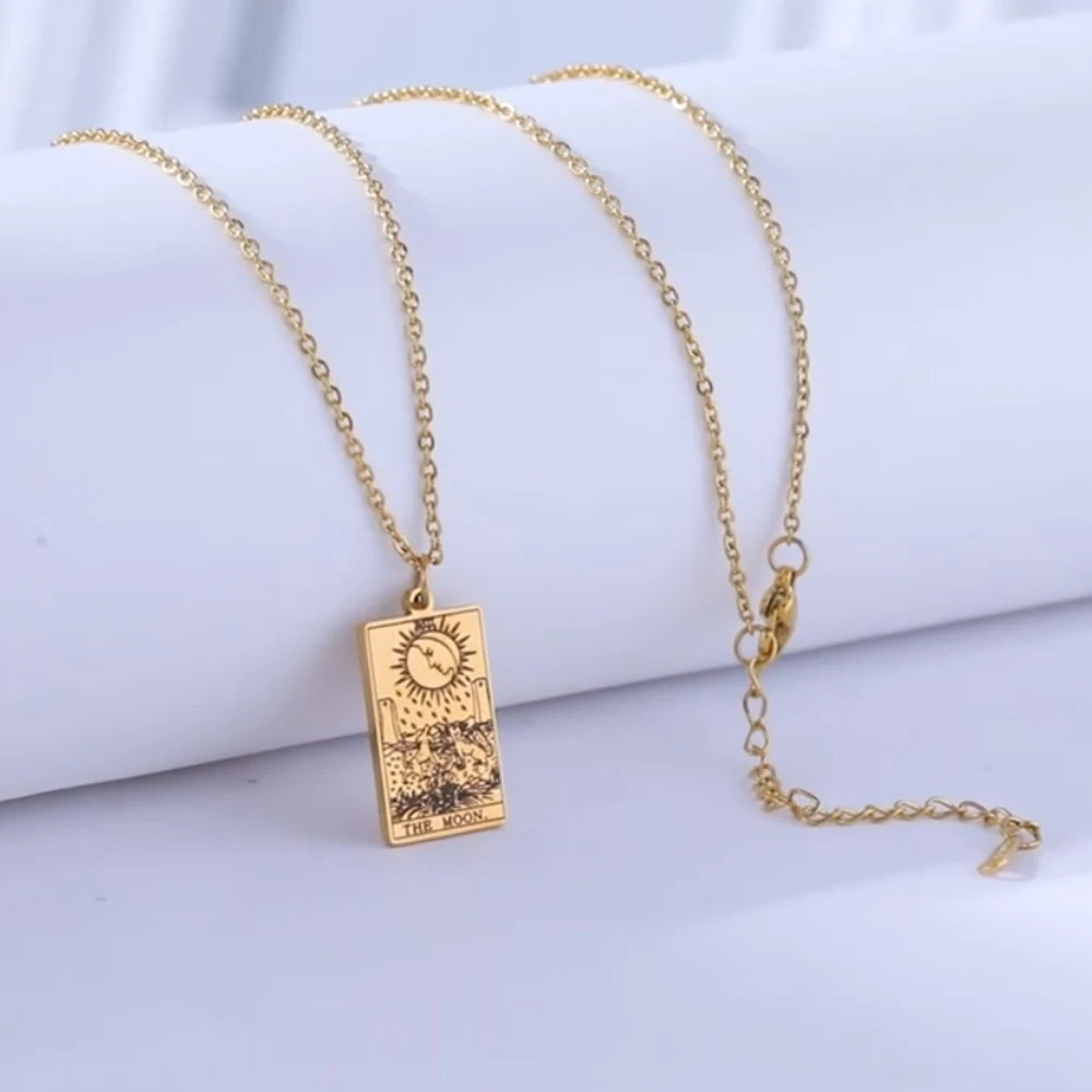 Stainless steel Dawapara Tarot Cards Necklace for women featuring Major Arcana divination symbols and a wealth amulet charm.
