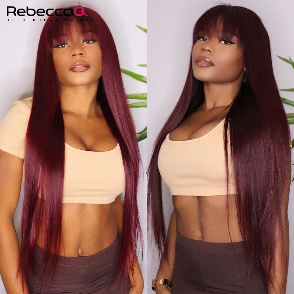 Burgundy straight human hair wig with bangs by HSF Marketplace, featuring vibrant color and Brazilian Remy quality for women.