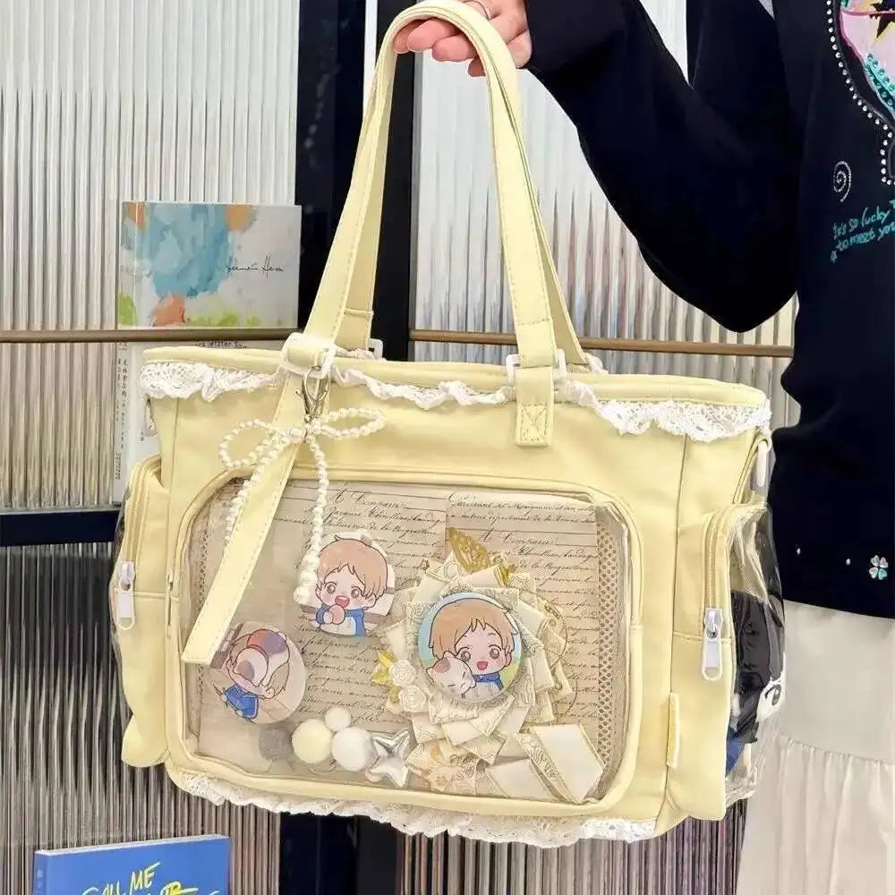 Large capacity transparent Japanese Ita Bag by HSF Marketplace featuring a cute Y2K Lolita style shoulder tote bag with crossbody design.
