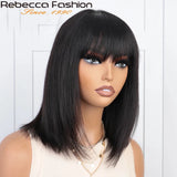 Rebecca Natural Black 99J orange straight bob wig with bangs, full machine-made human hair wig for women, Remy quality.
