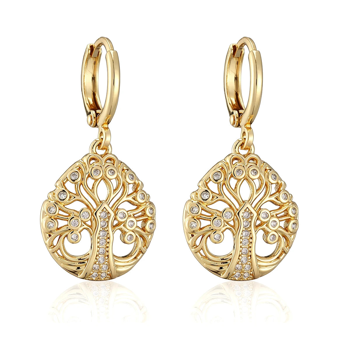 Gold color life tree drop earrings with clear CZ stones for women by HSF Marketplace