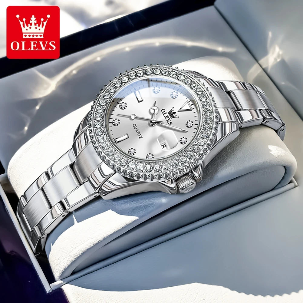 OLEVS 9945 Luxury Women Original Quartz Movement Watch Diamond Scale Stainless Steel Bracelet Luminous Function 30M Waterproof Watch