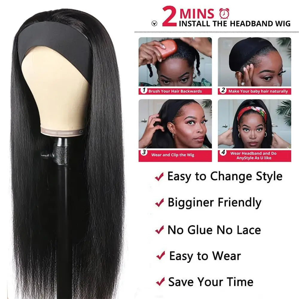 Straight 18-inch Brazilian human hair headband wig, natural color, 200% density, machine-made half wig