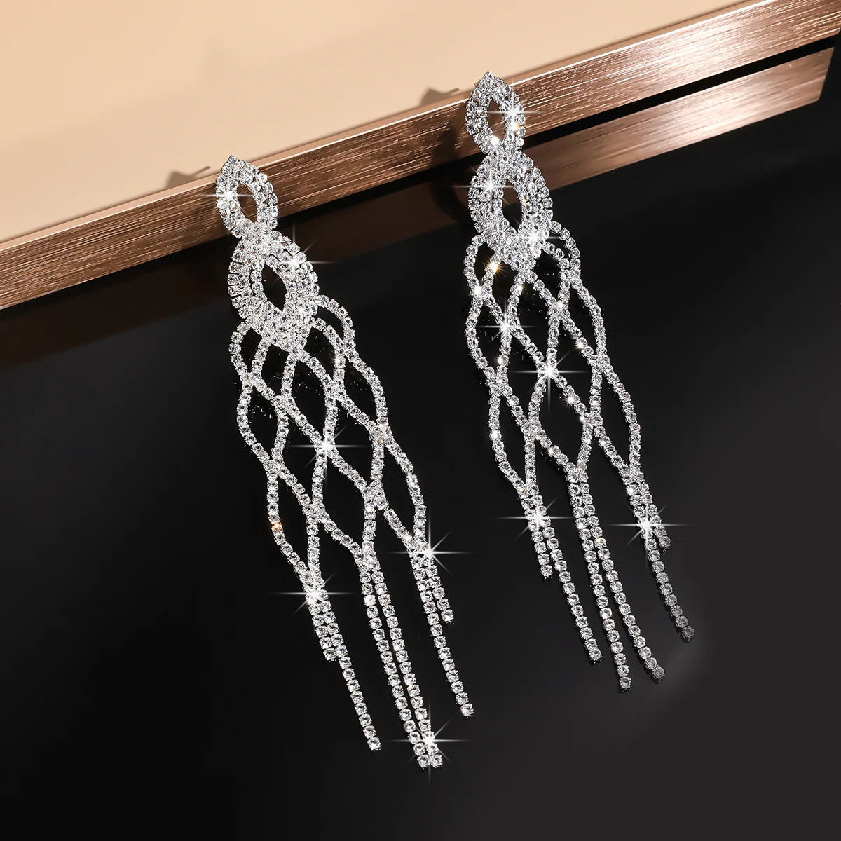 Long tassel rhinestone drop earrings for women, geometric jewelry design by HSF Marketplace