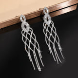 Long tassel rhinestone drop earrings for women, geometric jewelry design by HSF Marketplace