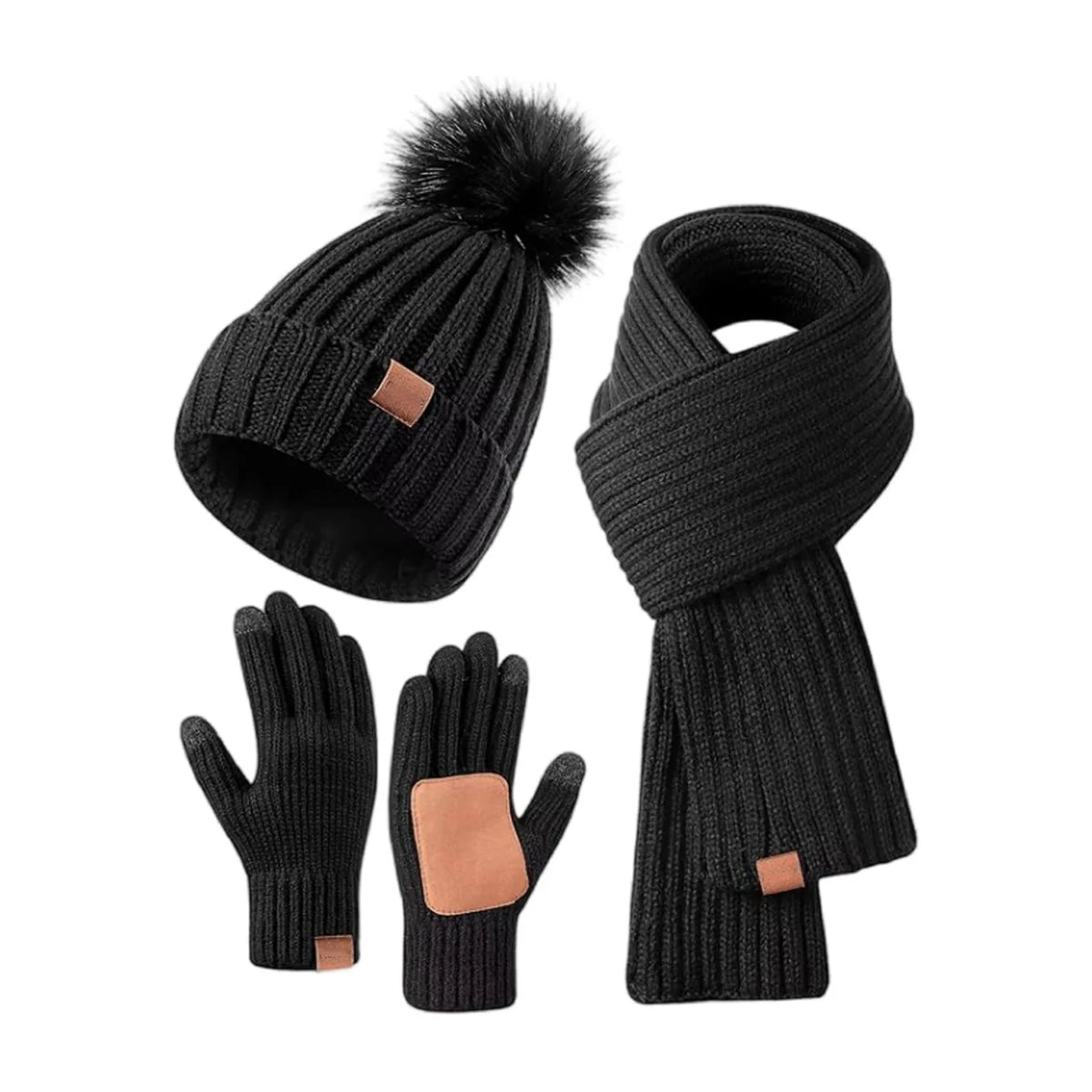 Women's warm winter touchscreen gloves, hat and scarf set in soft knit fabric