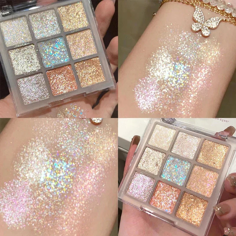 9-color glitter eyeshadow palette with earth tones, pearlescent shimmer, blue and purple sparkling shades