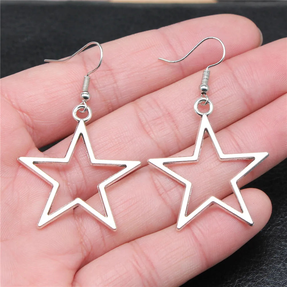 Vintage hollow star pendant earrings in antique silver for women by HSF Marketplace