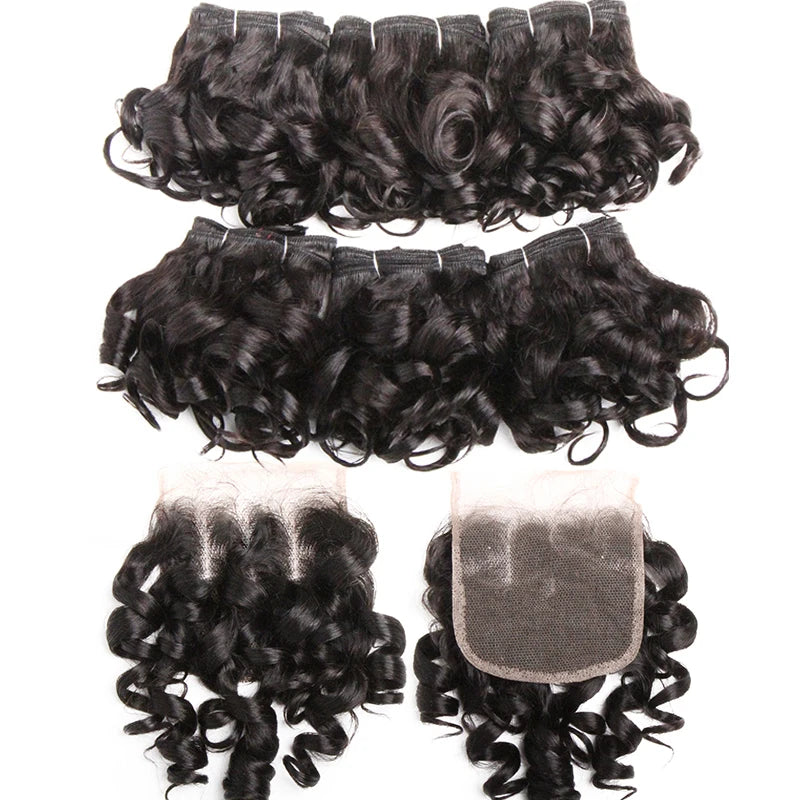 Bouncy Curly Human Hair Bundles With Closure Brazilian Remy Unprocessed Human Hair Wavy Doule Drawn Bundles Weave Extensions
