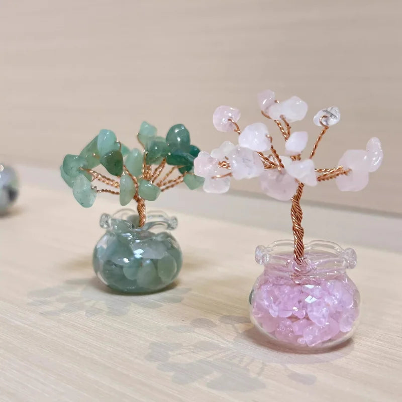 Natural Crystal Raw Stone Fortune Gravel Crystal Tree, Hand-Woven mini Lucky Crystal Tree Ornament for Home and Car