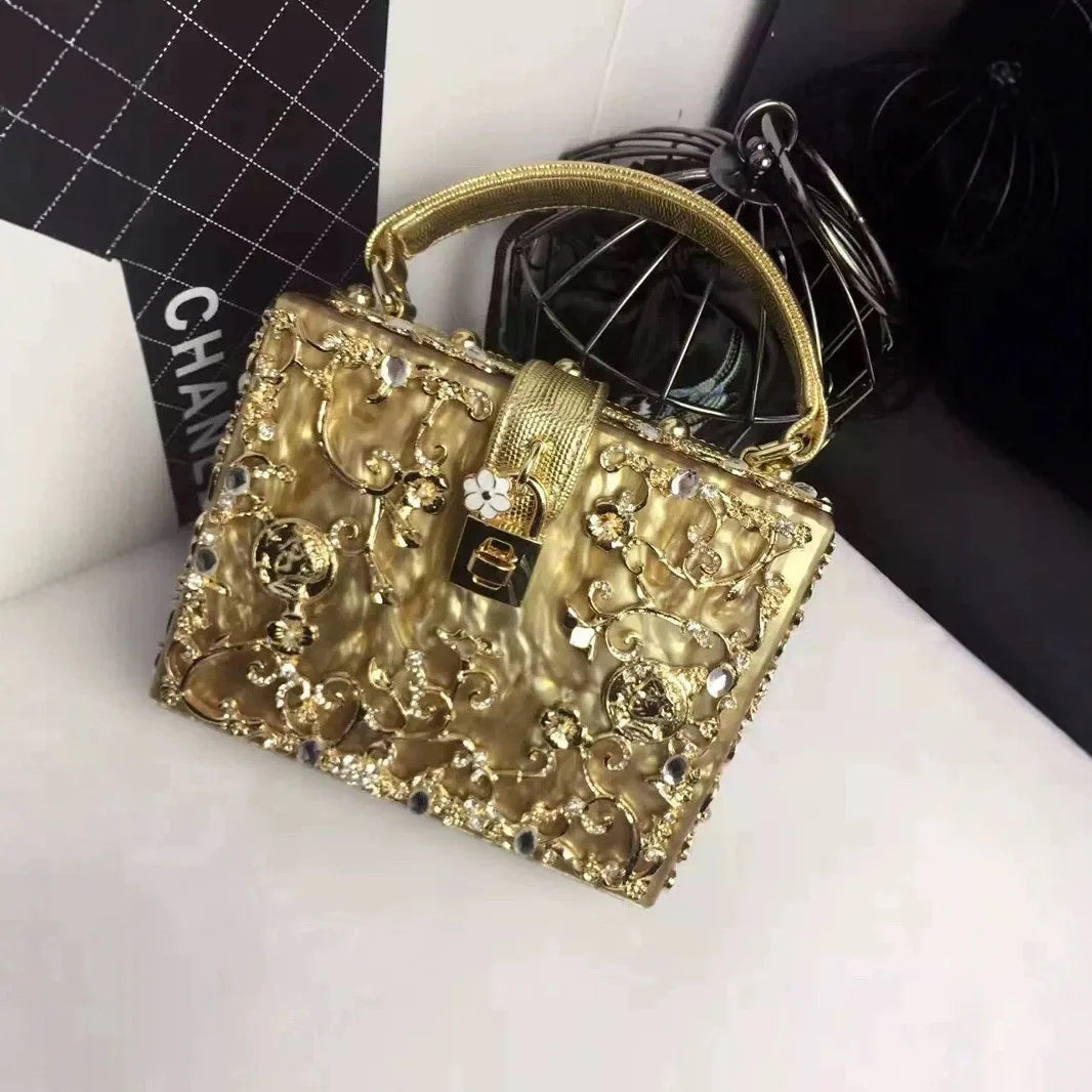 Acrylic dinner bag with engraved metal and diamond accents by HSF Marketplace