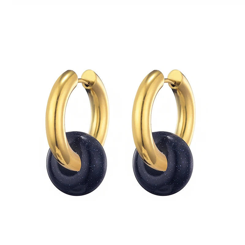Natural stone turquoise round bead hoop earrings, 3.0mm thick stainless steel ear buckle jewelry