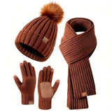 Women's warm winter touchscreen gloves, hat and scarf set in soft knit fabric.