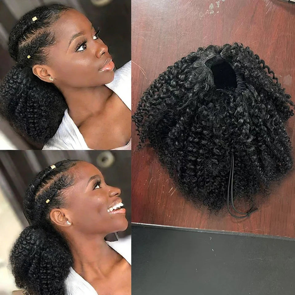 HSF Marketplace human hair drawstring afro curly ponytail hairpiece with kinky curls