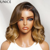 Brown and blonde highlighted wavy bob wig with face-framing layers, side part, lace front, human hair, glueless style from HSF Marketplace.