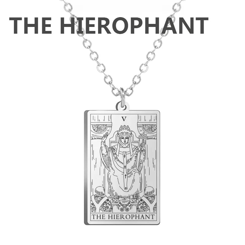Dawapara Tarot Cards necklace for women, stainless steel jewelry featuring Major Arcana tarot card charm and divination symbolism.