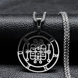 Stainless steel Satan necklace with Baphomet stamp and laser-etched Sigil de Lucifer design, featuring chain jewelry style.