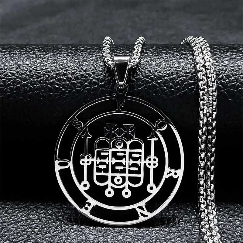Stainless steel Satan necklace with Baphomet stamp and laser-etched Sigil de Lucifer design, featuring chain jewelry style.