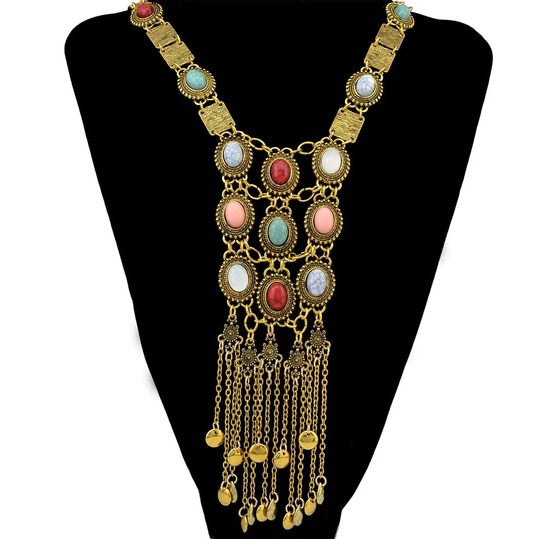 Multi Layer Colorful Turquoise Gemstone Bell Tassel Necklace Retro Ethnic Bib Long Geometry Pendant Collar Gypsy India Jewelry