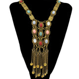 Multi Layer Colorful Turquoise Gemstone Bell Tassel Necklace Retro Ethnic Bib Long Geometry Pendant Collar Gypsy India Jewelry