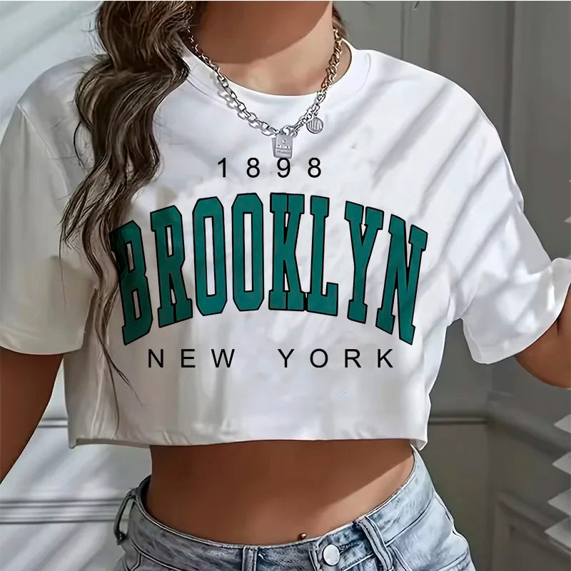 Women's Brooklyn graphic crop T-shirt by HSF Marketplace, casual sports style tee with short sleeves
