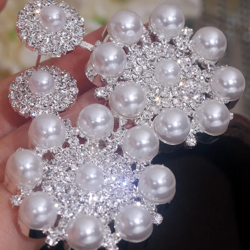 Korean oversized pearl drop earrings with rhinestone flowers for women