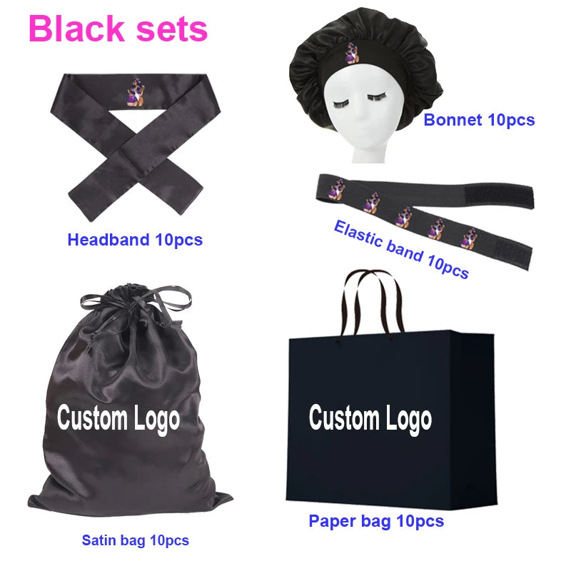 Customize 50Pcs Lace Band Paper Bag Satin Wig Bags For Hair Extension Packaging Satin Wig Cap For Curly Hair Edges Scarf Wrap