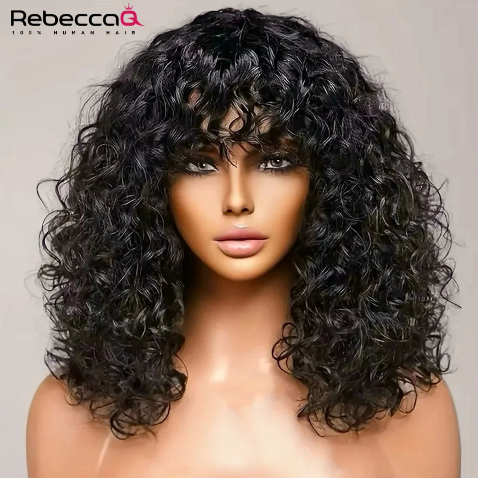 Short curly bob wig with bangs, 100% human Brazilian Remy hair, glueless daily wear, natural color, by HSF Marketplace
