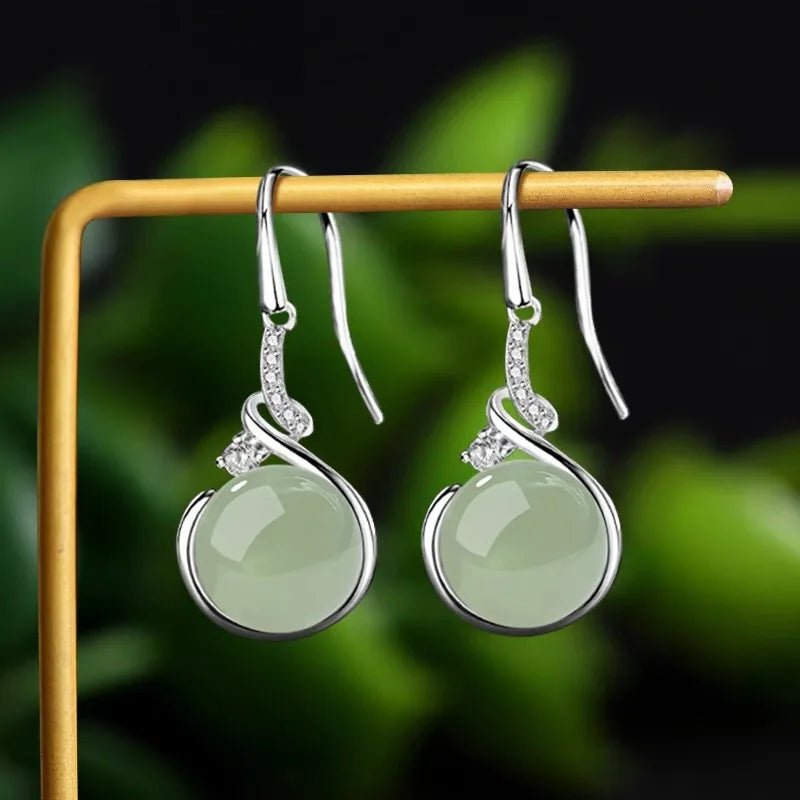 925 sterling silver jade drop earrings for women, elegant dangling jewelry with polished green jade stones