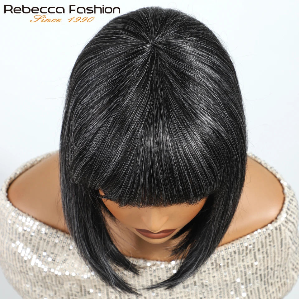 Rebecca Gray salt and pepper short straight human hair wig for women, 10-inch Brazilian Remy bob, full machine-made from HSF Marketplace