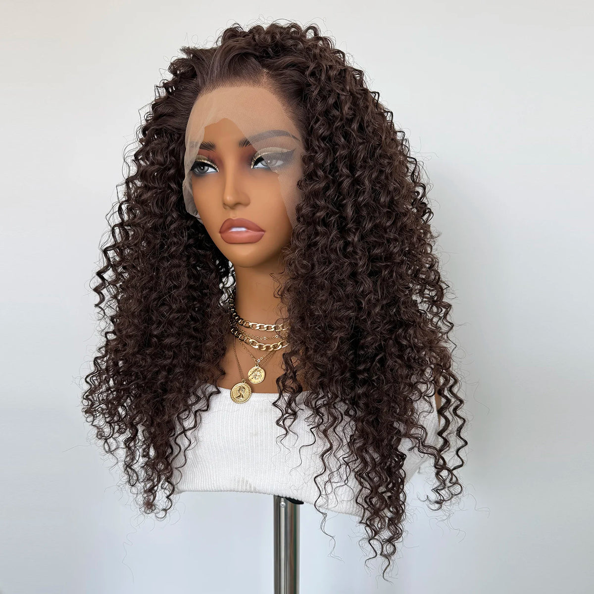 Chocolate Brown Curly Wig 13x4 Lace Front Long Deep Curly Synthetic Hair Heat Resistant Daily Use Natural Hairline Wig for Women