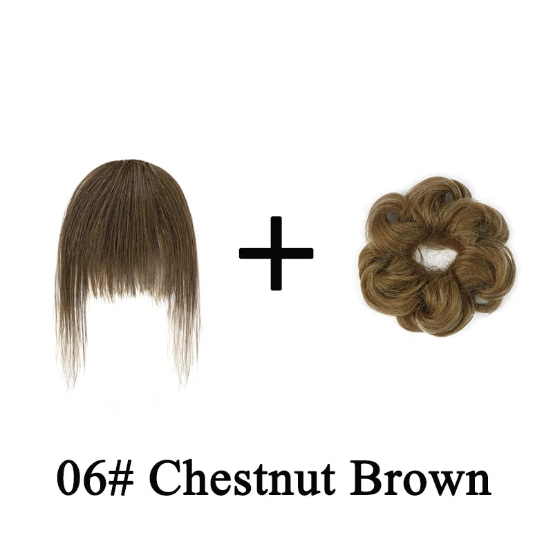 Wavy curly human hair messy bun ponytail with clip-in air bangs fringe for women by HSF Marketplace
