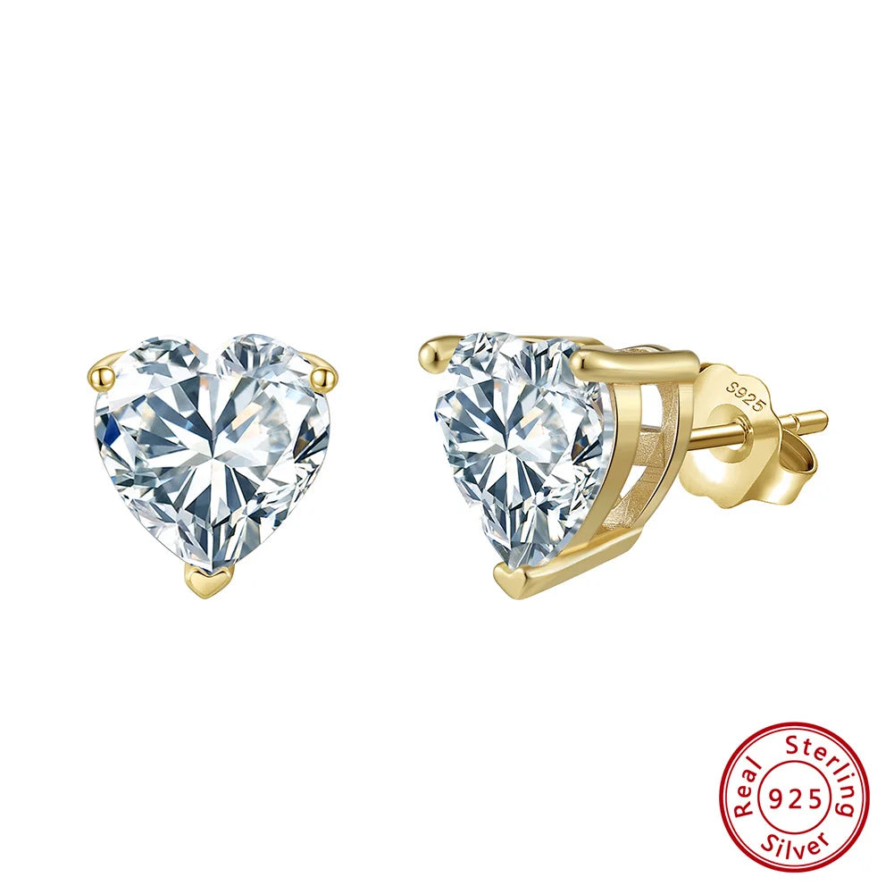 Rinntin love heart cut 5A cubic zirconia stud earrings in genuine 925 sterling silver, close-up view