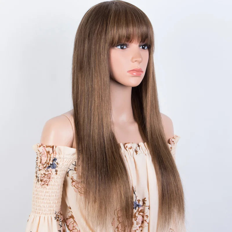 Blonde Rebecca straight human hair wig with bangs, machine-made, Peruvian Remy hair, colored P4/30/27, by HSF Marketplace.