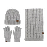 Warm 3-in-1 beanie hat, scarf and gloves set in a cozy winter accessory collection