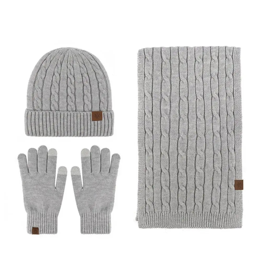 Warm 3-in-1 beanie hat, scarf and gloves set in a cozy winter accessory collection
