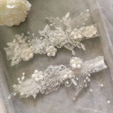 2-piece bridal garter thigh belt with pearl flower embroidery and elastic leg loops for weddings and parties