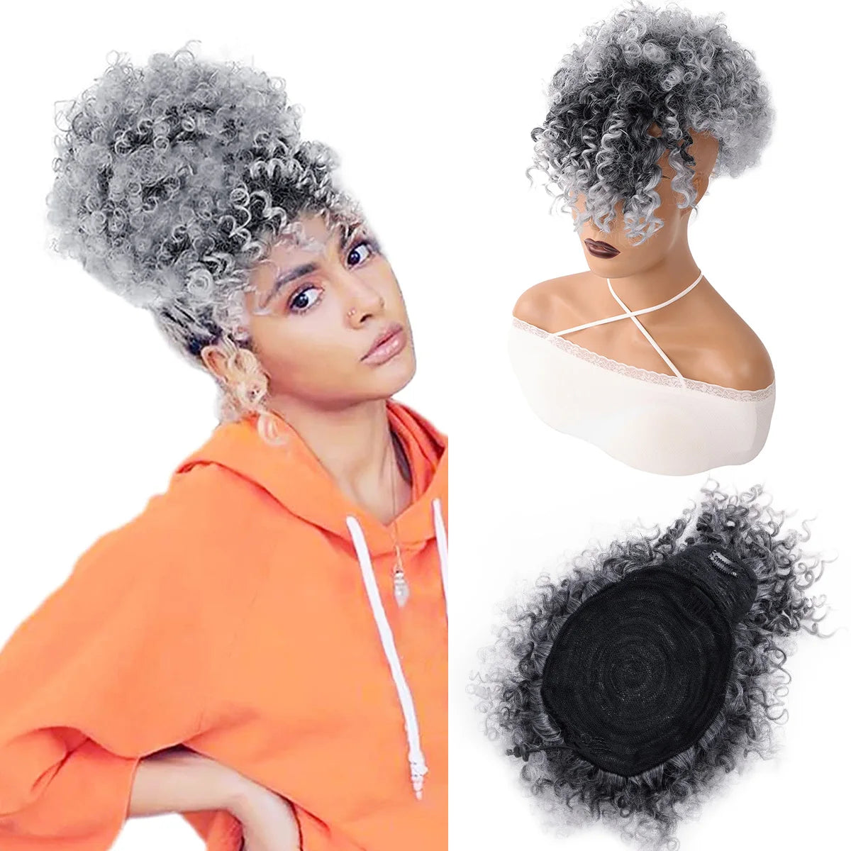 Afro puff drawstring ponytail with bangs, short kinky curly pineapple updo bun for Black women and girls