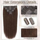 24-inch chocolate brown human hair clip-in extensions, 8-piece set with clips for natural-looking volume