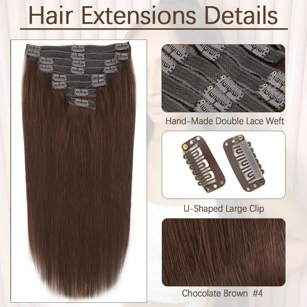 24-inch chocolate brown human hair clip-in extensions, 8-piece set with clips for natural-looking volume