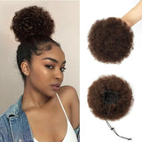 Afro kinky curly human hair chignon ponytail drawstring high bun hairpiece in 4, 6, and 8 inch lengths